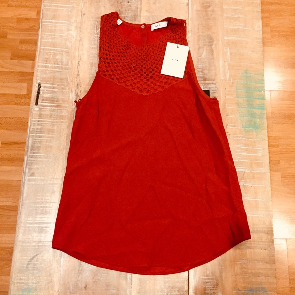 NWT A.L.C. Quinn Crochet Silk Blouse Tank Top 0 red - Picture 3 of 8